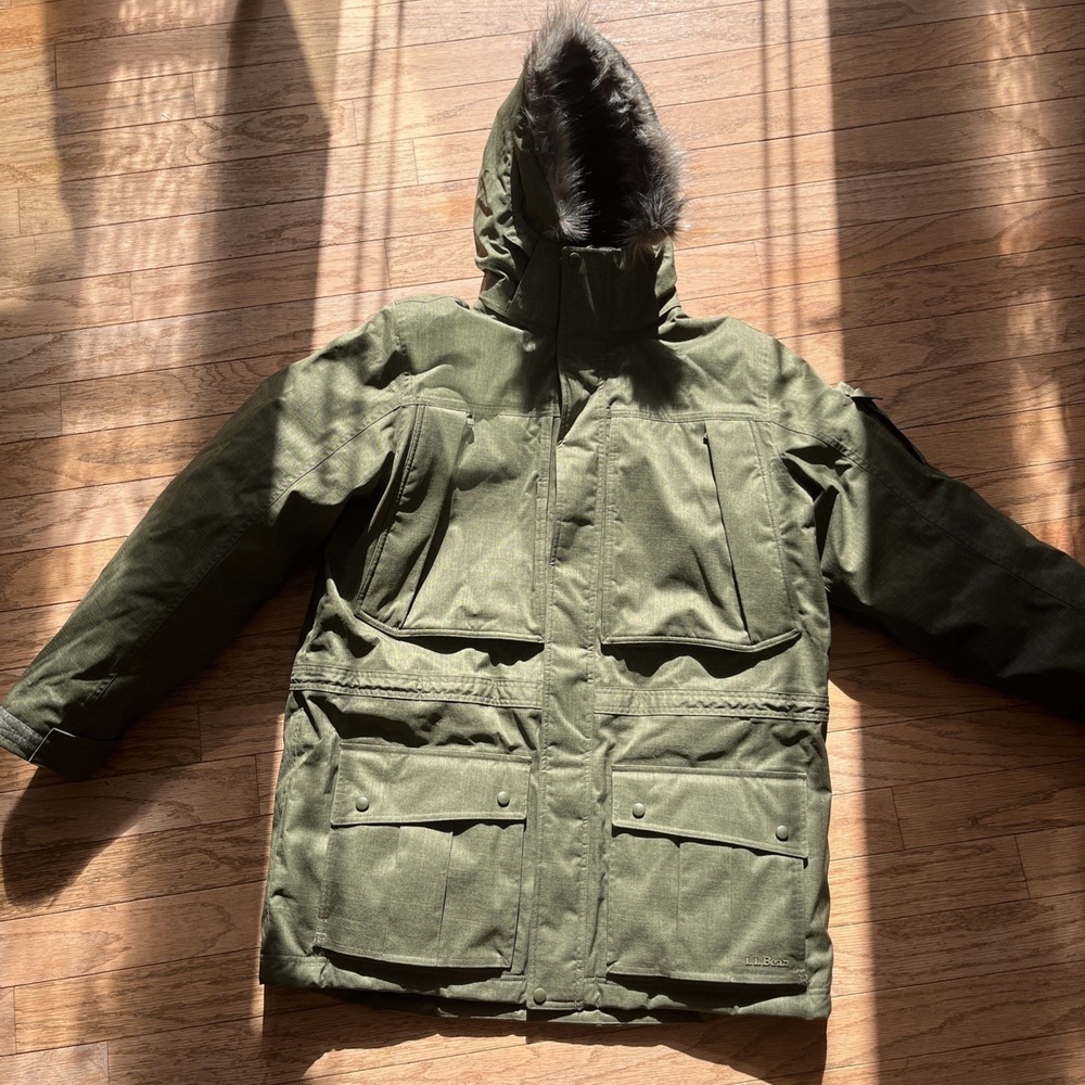 LL BEAN Men XL Tall Kelp Green Polyester Down Baxter State Hooded Parka Coat NWT